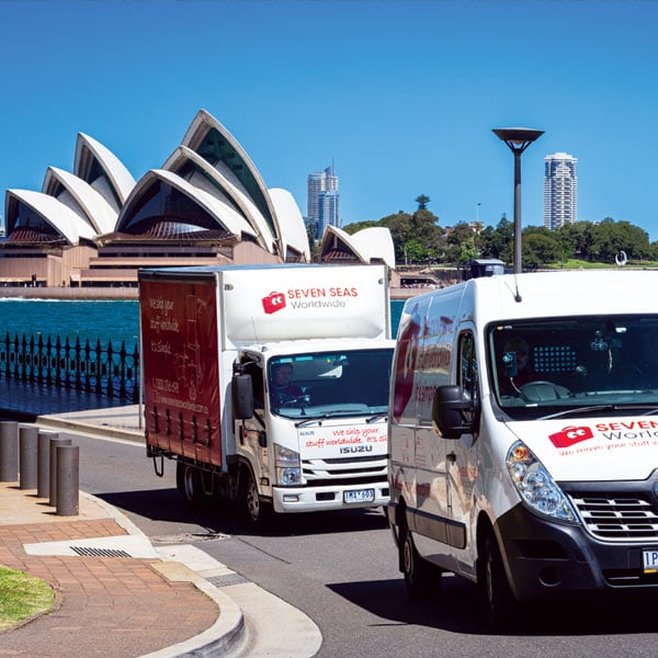 Seven Seas Worldwide vans outside the Sydney Opera House