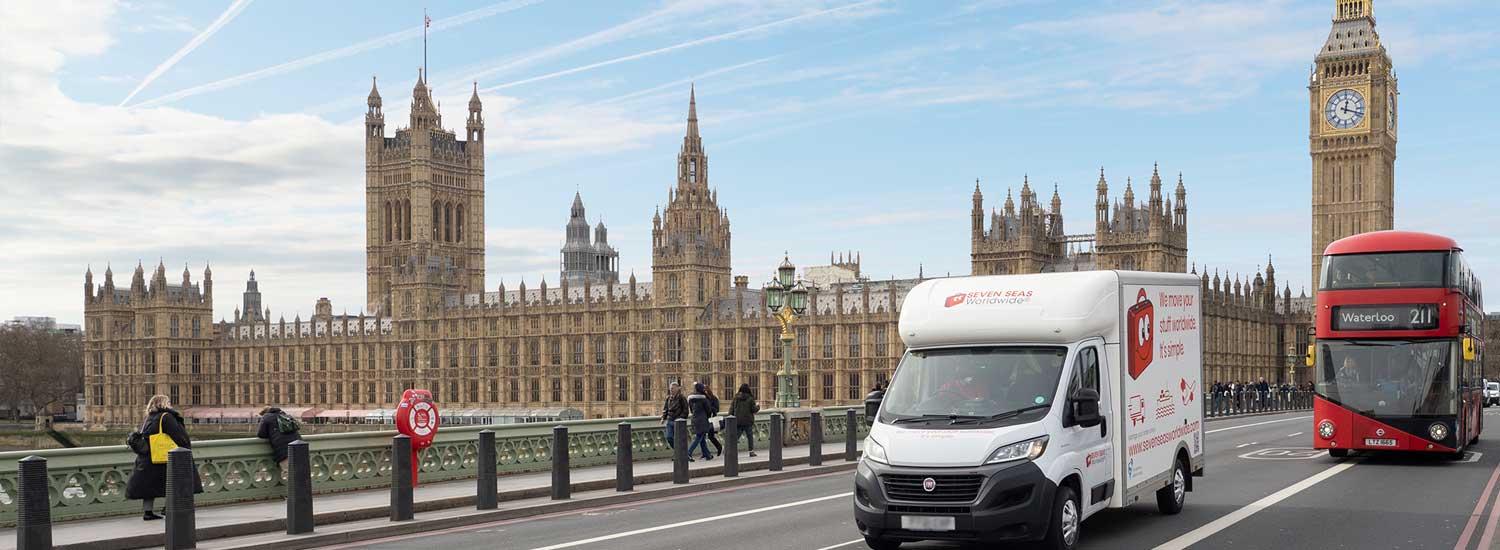 Seven Seas Worldwide van outside Big Ben in London