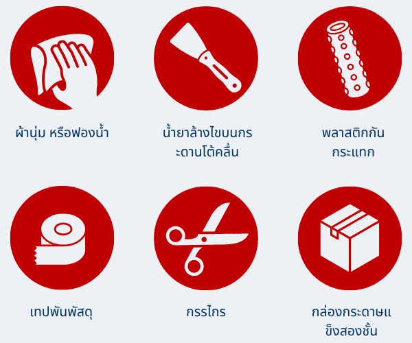 Items needed to pack a surfboard graphic in Thai