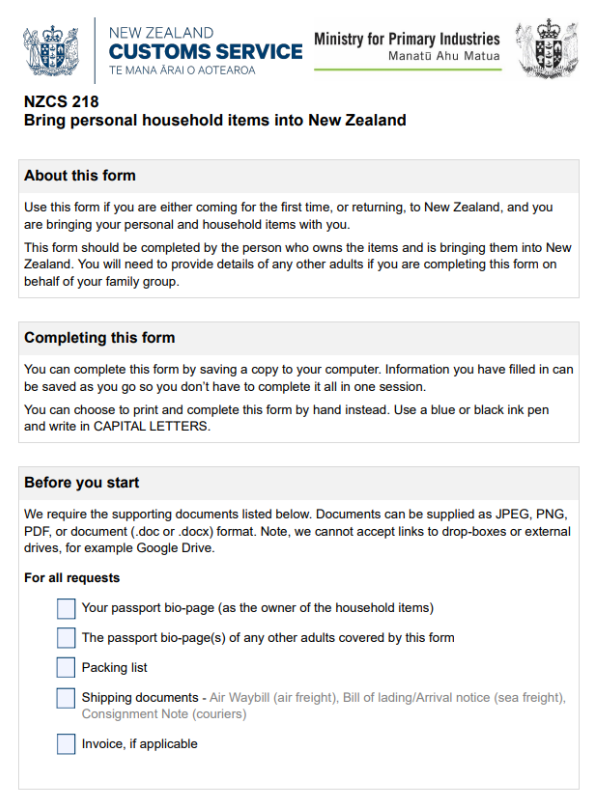 New Zealand NZCS 218 customs form sample