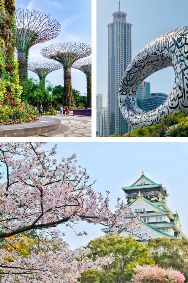Collage of images of the UAE, Singapore and Japan