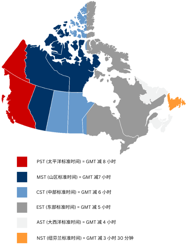 Canada time zones diagram in Simplified Chinese