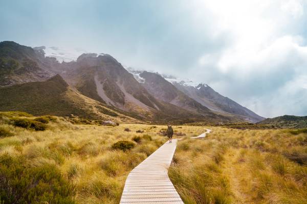 Path leading into snow capped mountains in New Zealand