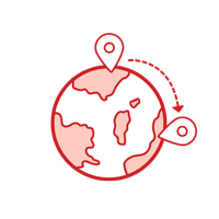 World with two pinpoints and an arrow icon