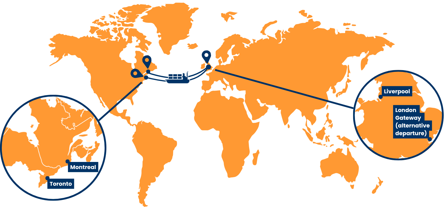 Map showing typical UK-to-Canada sea routes from Liverpool or London Gateway to Montreal or Toronto