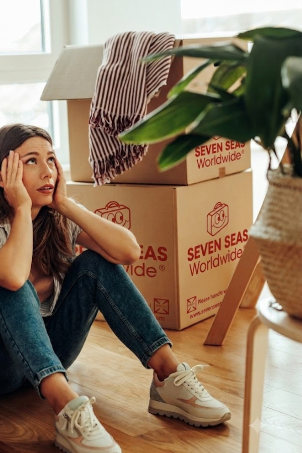 A woman with her head in her hands next to cardboard bxoes