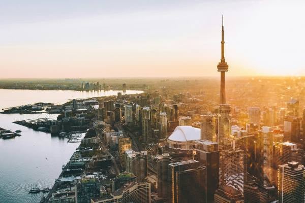 Sunset over Toronto skyline in Canada