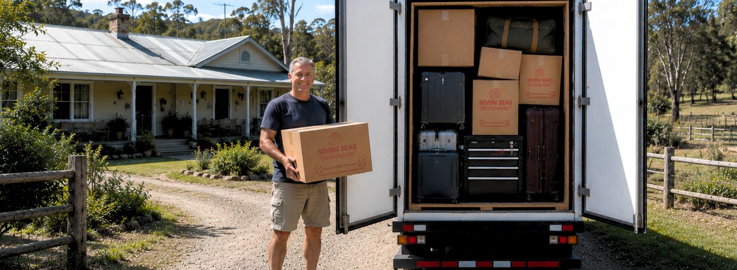 smiling older man in a T-shirt and shorts holds a sealed cardboard box beside an open removal truck on a rural Australian driveway.