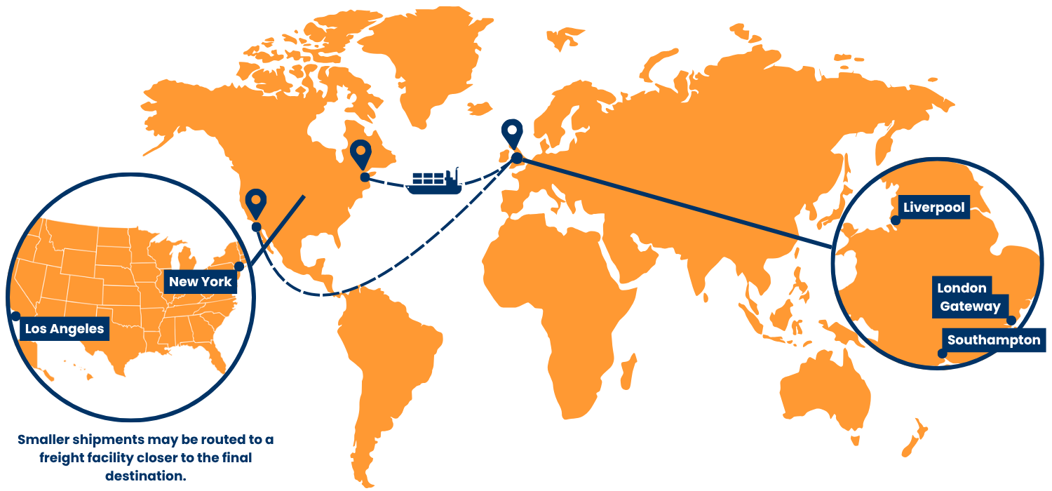 Map showing UK to USA shipping routes via New York and Los Angeles