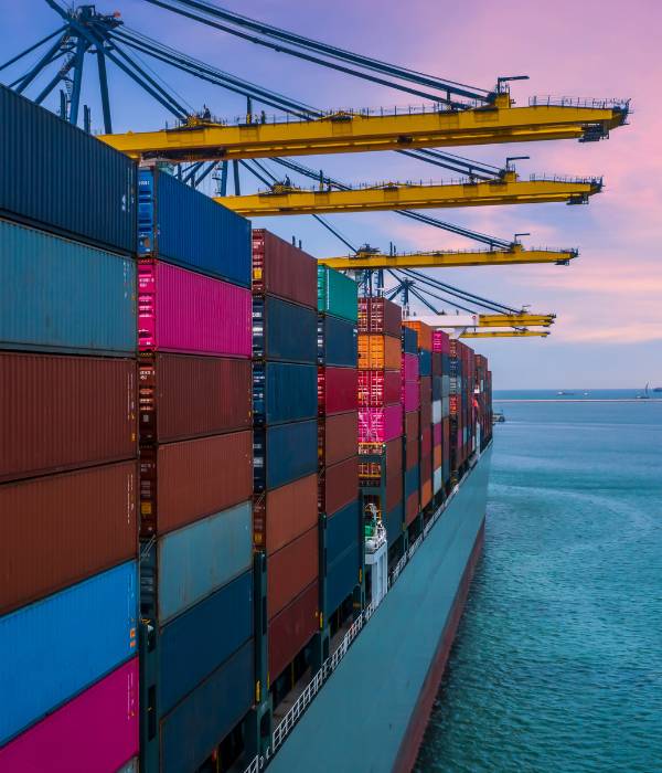 Loaded shipping container at dusk