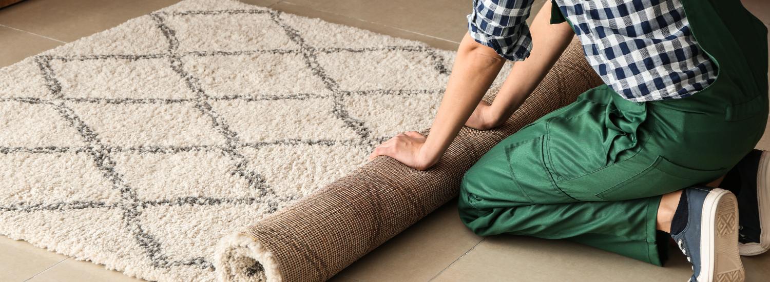 Woman wearing green trousers and a checked shirt kneeling down and rolling a rug