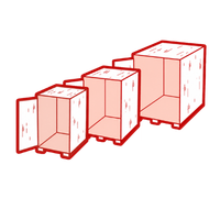 Illustration of three MoveCube moving containers in different sizes, arranged from smallest to largest, with open doors.