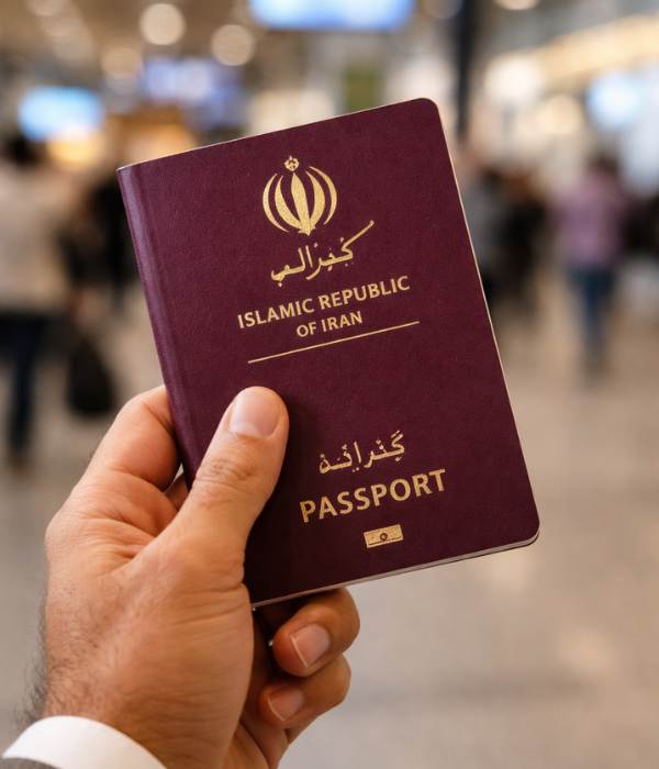 A man's hand holding an Iranian passport in an airport
