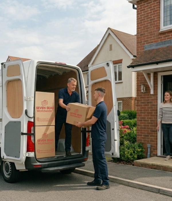 Two men in the back of a white van passing each other cardboard boxes