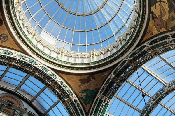 Ornate ceiling with glass domes in a building in Leeds