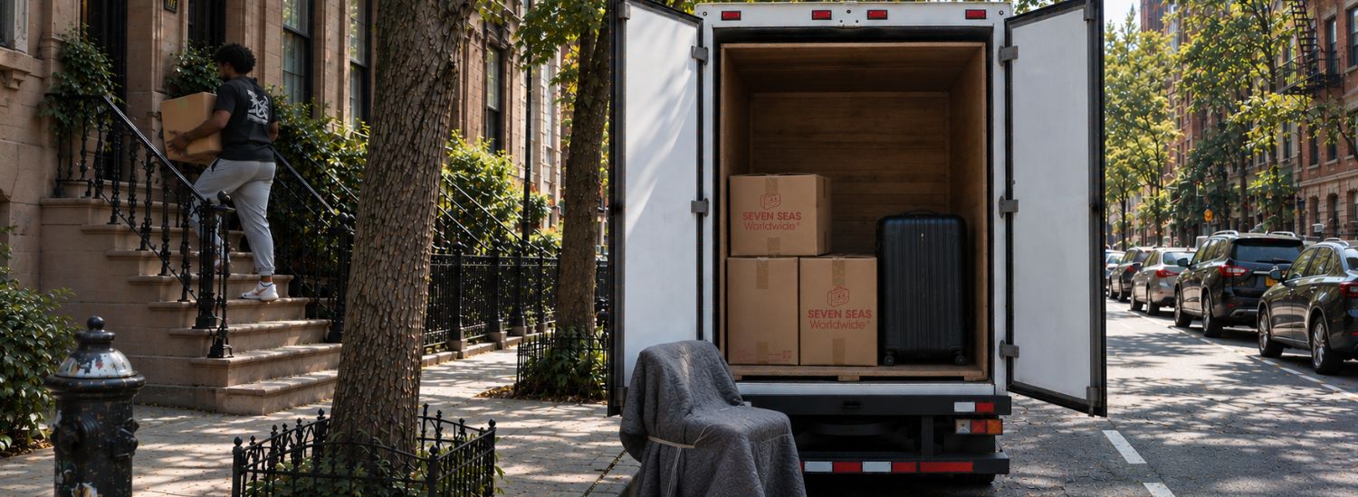 Customer unloading Seven Seas Worldwide boxes from a MoveCube® in the USA