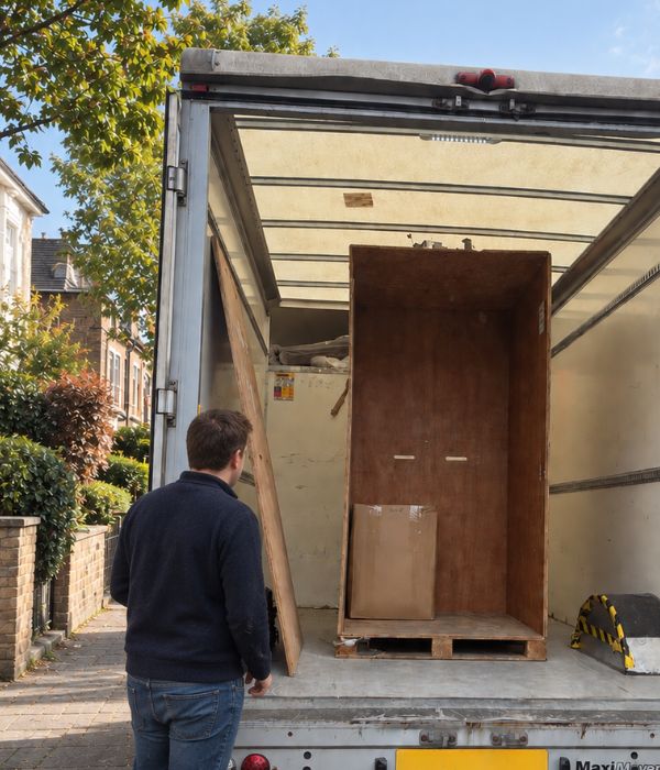 Customer standing beside an open removals van containing a MoveCube®, ready for unloading at a residential address.