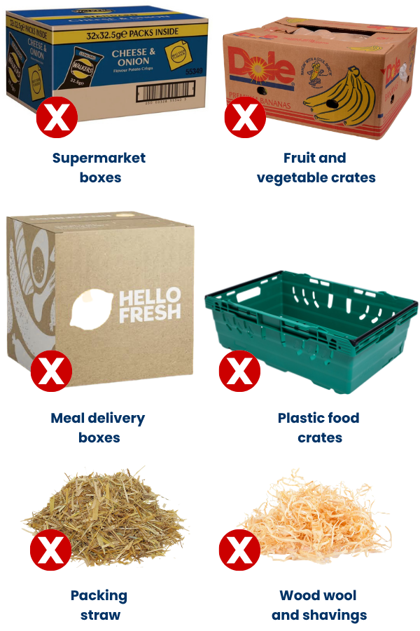 Examples of packaging to avoid when shipping to Australia, including supermarket and meal delivery boxes, fruit and vegetable crates, plastic food crates, straw and wood shavings.