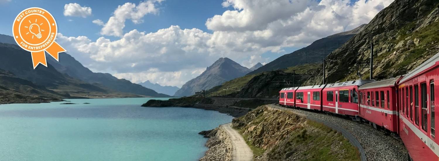 Train passing through mountains in Switzerland with best country for entrepreneurs badge 