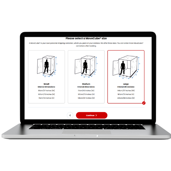 Laptop displaying the Seven Seas Worldwide quote tool with Small, Medium and Large MoveCube® size options.