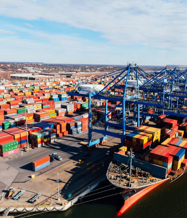 Aerial photo of a cargo shipped docked at the Port of Baltimore