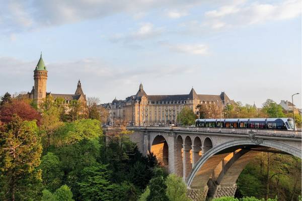 Bridge with a tram and old buildings in Luxembourg