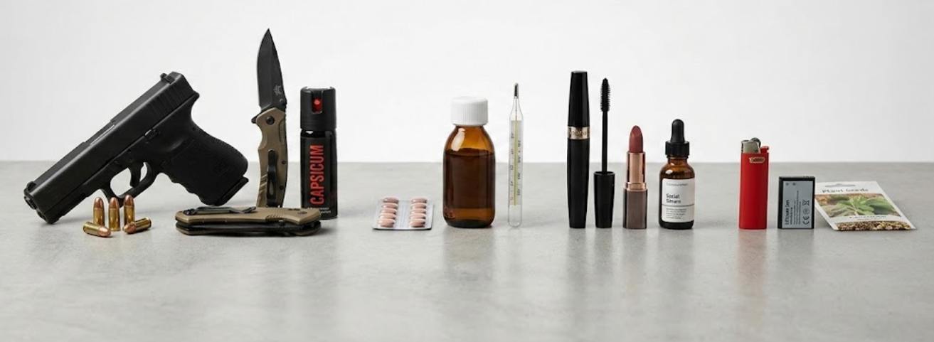 A collection of items banned from shipping to Australia including firearms, seeds and cosmetics 