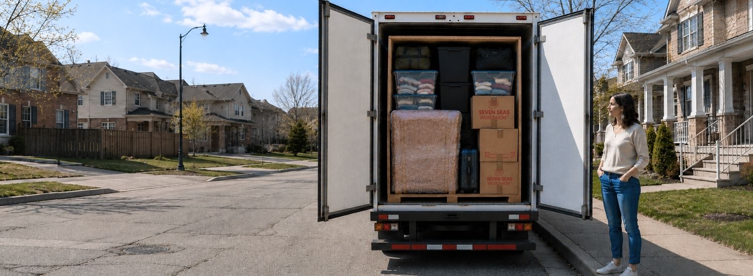 Loaded removal truck parked outside a residential property with packed household belongings ready for delivery