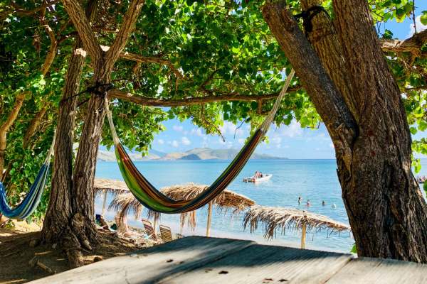 A hammock hanging between two trees on a beach