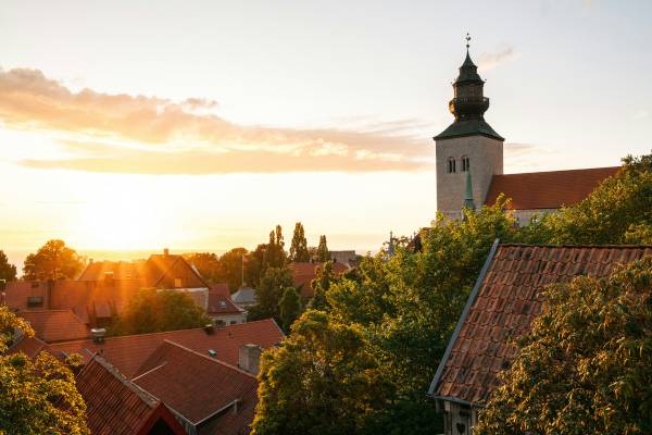 Rooftops at sunset in a small Swedish town