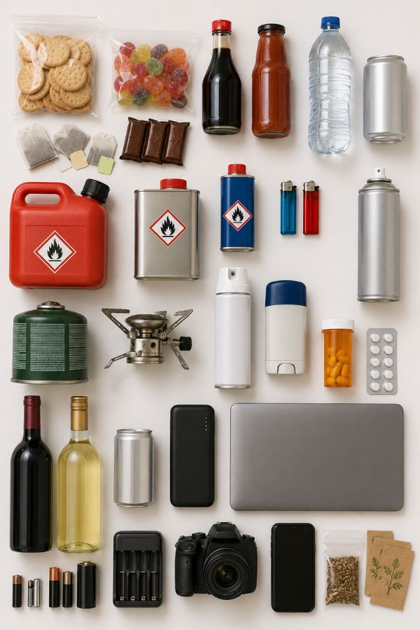 Flat lay of common prohibited and restricted items that should be checked before packing for an international move to Canada